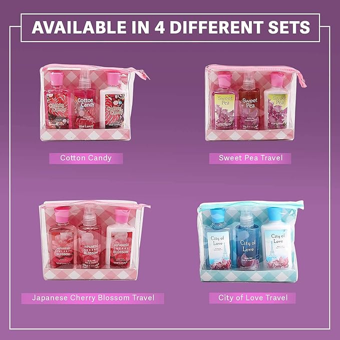 Cotton Candy Bath & Body Care Travel Set, Home Spa Gift Set Includes Body Lotion, Shower Gel, and Fragrance Mist, Personal Body Care Travel Set, Birthday Mother's Valentine's Day Gifts