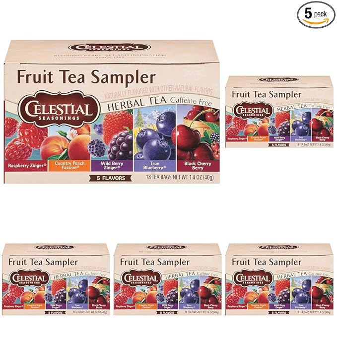 Celestial Seasonings Fruit Tea Sampler Herbal Variety Pack, Caffeine Free, 18 Tea Bags Box (Pack of 5)
