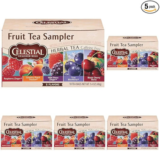 Celestial Seasonings Fruit Tea Sampler Herbal Variety Pack, Caffeine Free, 18 Tea Bags Box (Pack of 5)