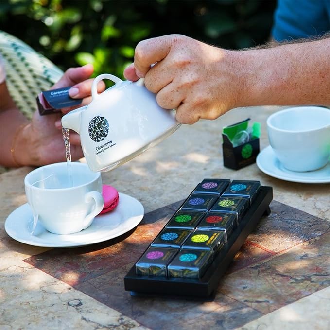 Ceremonie Tea Herbal Variety Pack - Kosher Set with Reusable Wooden Tray - Assorted Sampler With 10 Individually Wrapped Silky Mesh Bags - Single Serve Pouches