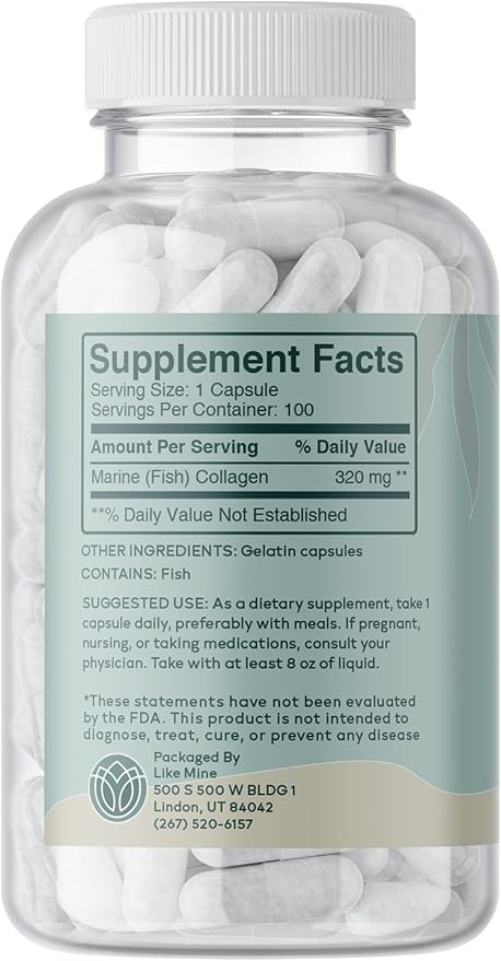 Like Mine Marine Collagen (100 Capsules), No Fillers, Pure & Natural, Bioavailable