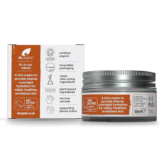 Dr. Organic Moroccan Argan Oil Night Cream | Nourishing Overnight Therapy Cream, For Normal to Dry Skin, Vegan, Natural, Certified Organic, Paraben & SLS-Free, 50 mL/ 1.7 fl oz