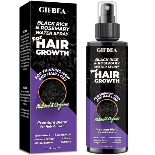 GIFBEA Organic Black Rice Water Hair Growth Serum Spray, 5 Fl Oz, Rosemary Scent, For All Hair Types, With Biotin, Castor Oil, Caffeine, Hair Loss Treatment
