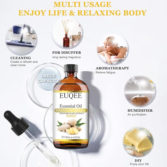 Ginger Essential Oil 118mL Pure Ginger Oil, Large Bottle Premium Essential Oil with Glass Dropper for Diffuser, Candle Making, DIY Soap - 4fl. oz