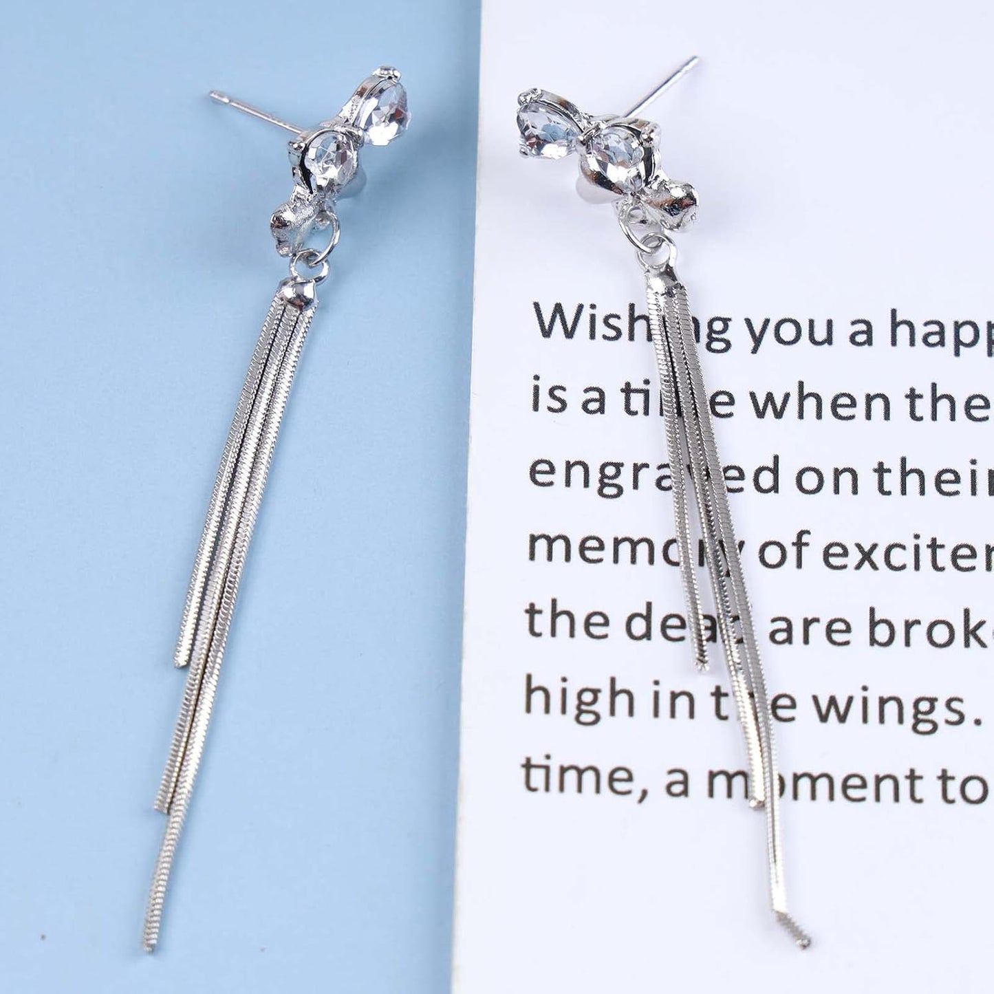 Vintage Crystal Bow Chain Drop Earrings Rhinestone Heart Stud Earrings Silver Long Chain Tassel Earrings Sparkly Cz Bridal Earrings Jewelry for Women