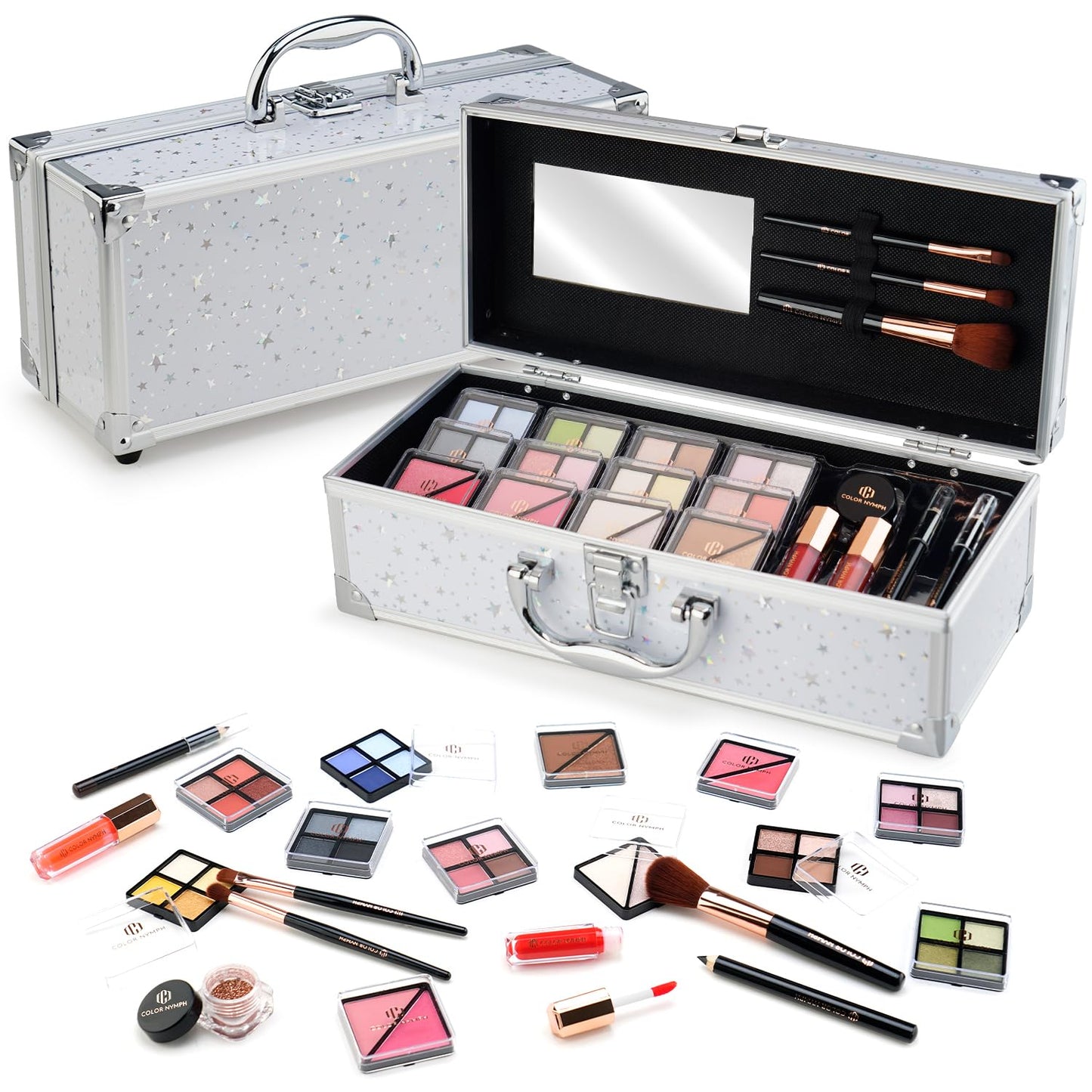 Color Nymph Beginners Makeup Kit With Train Case For Teenagers Girls, Full Starter Cosmetics Set Included 32 Colors Eyeshadow, Glitter Cream, Blush, Highlighter, Lip Gloss and Brush (White)