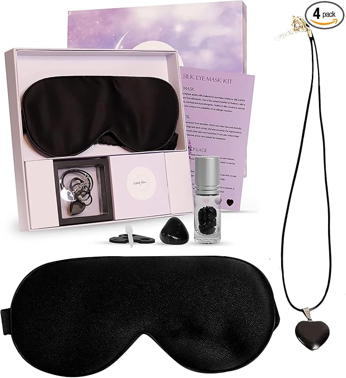 Silk Sleep Mask Black - Organic Mulberry Silk Hypoallergenic Sleeping Mask Gift Set with Obsidian Pendant Necklace, Essential Oil Roller Bottle, and Black Obsidian Crystal Kit Meditation