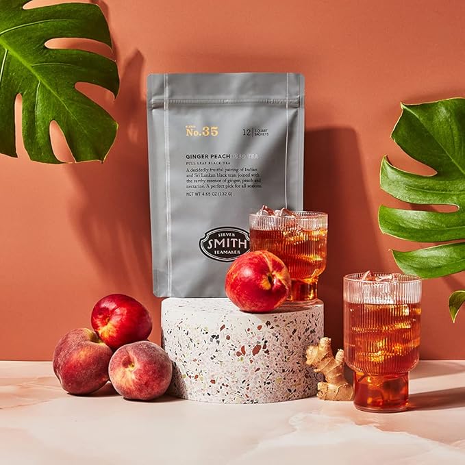 Smith Teamaker Ginger Peach Iced Tea No. 35 Refreshing, Caffeinated, Sugar-Free, Sustainably Grown, Full Leaf Black Iced Tea Bags, 10 Count, 1 Quart Sachets