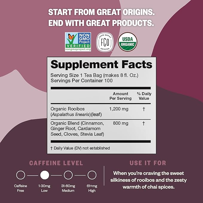 FGO Organic Rooibos Chai Tea, 100 Count, Eco-Conscious Tea Bags, Resealable Bag, Packaging May Vary (Pack of 1)