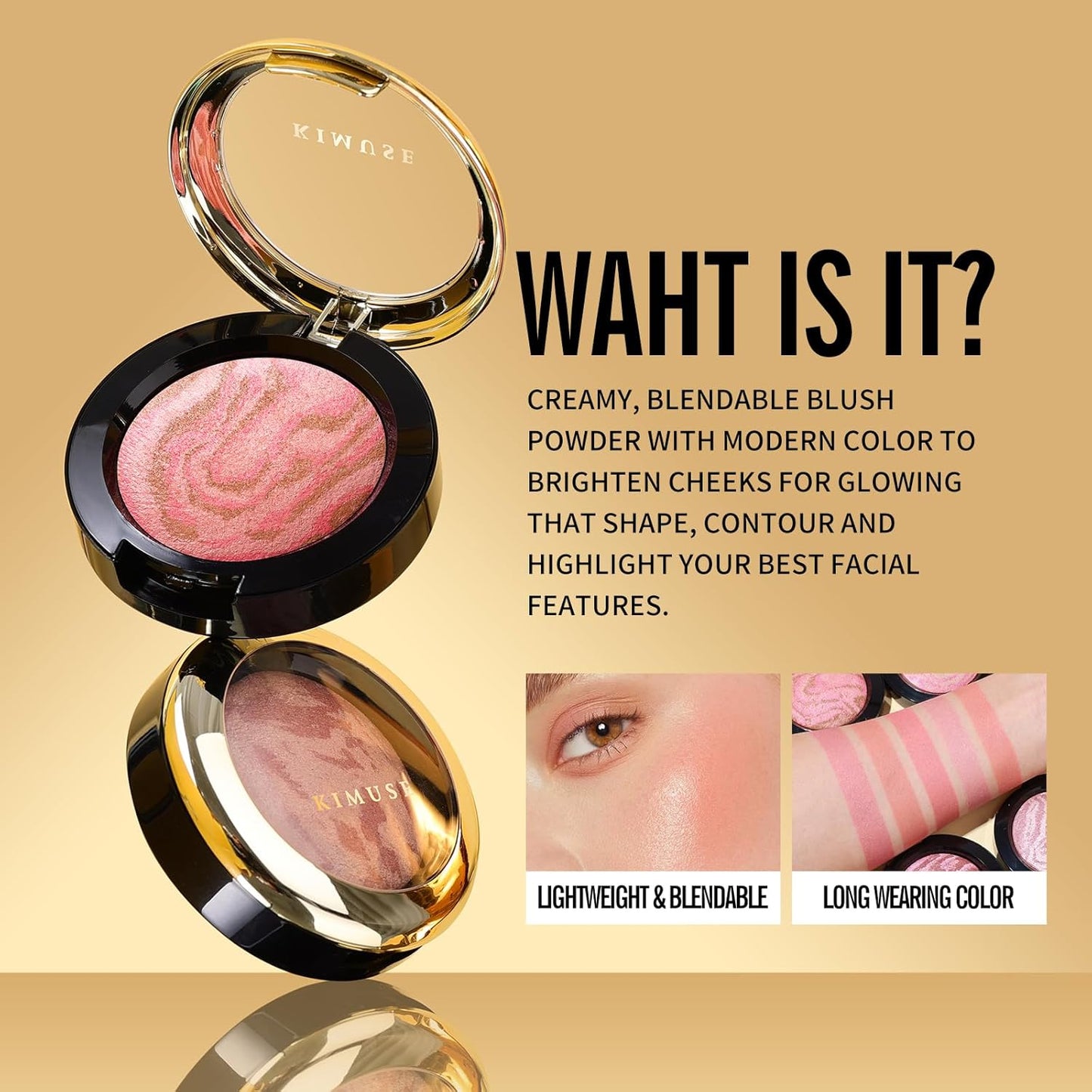 KIMUSE Baked Blush, Lighting Glow Marbleized Blush Powder Blush, Contour & Highlight Face for a Creamy Lightweight Natural Finish