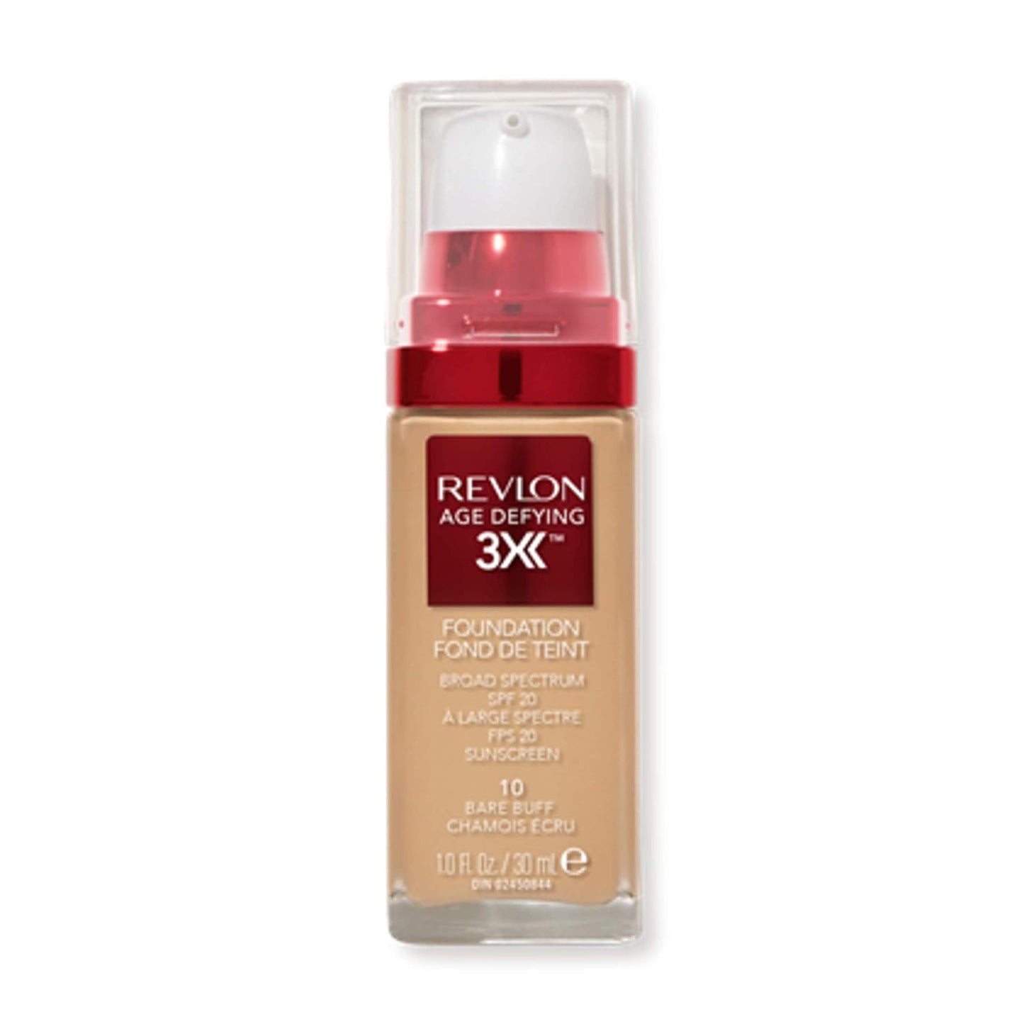 Revlon Liquid Foundation, Age Defying 3XFace Makeup, Anti-Aging and Firming Formula, SPF 30, Longwear Medium Buildable Coverage with Natural Finish, 010 Bare Buff, 1 Fl Oz
