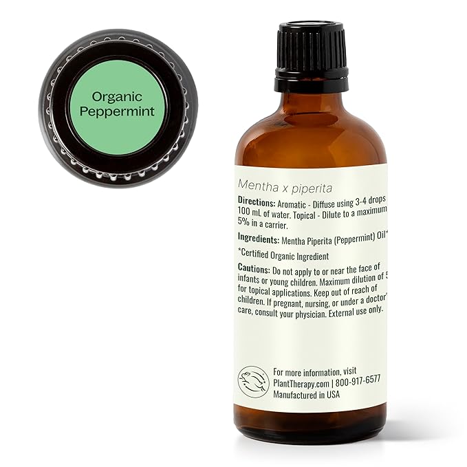 Plant Therapy Organic Peppermint Essential Oil 100% Pure, USDA Certified Organic, Undiluted, Natural Aromatherapy, for Diffusion, Skin, Hair, Therapeutic Grade 100 mL (3.3 oz)
