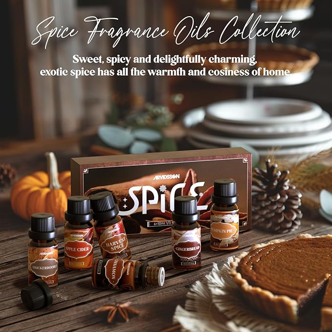 Spice Essential Oils Set, ARVIDSSON Premium Fall Fragrance Oil for Diffuser, Cinnamon, Pumpkin Pie, Harvest Spice, Apple Cider, Gingerbread, Snickerdoodle, Autumn Scented Oils