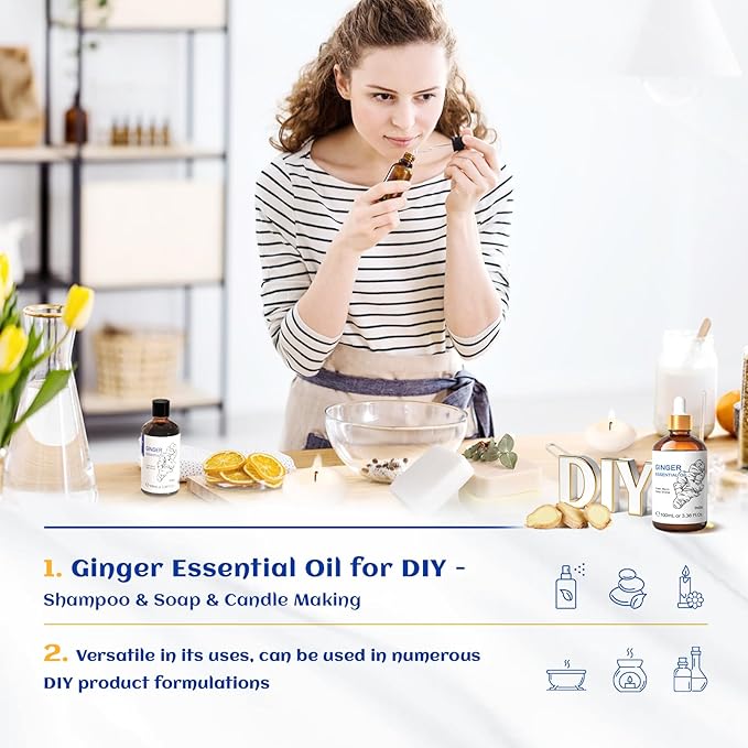 HIQILI Pure Ginger Essential Oil 3.38 Fl Oz, Pure Natural Premium Ginger Oil for Massage, Diffuser, Large Bottle with Dropper & Gift Box -100ml