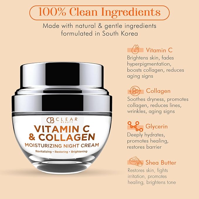 Vitamin C & Collagen Night Face Moisturizer - Dermatologist Tested, Restores & Firms Skin, Anti-Aging, Natural Ingredients, Cruelty-Free Korean Skin Care, All Skin Types