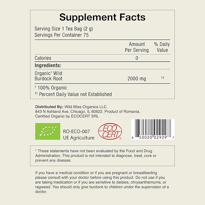 Wild Bliss Organic Burdock Root Tea - Caffeine Free Herbal Detox Support - Pharmacopoeia Quality - 75 Plant Based Tea Bags