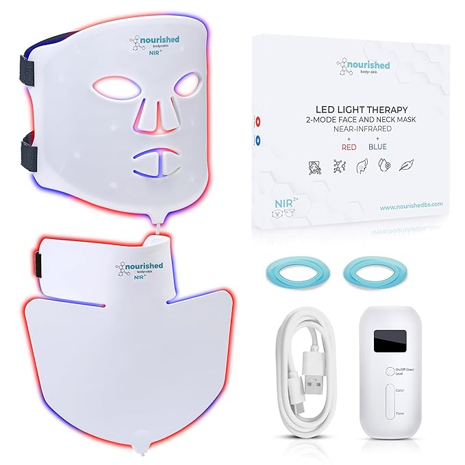 LED Face and Neck Mask with Near-Infrared - Blue, Red Light Therapy for Face - 228 LEDs - Skincare Tool for Wrinkles, Anti-Aging