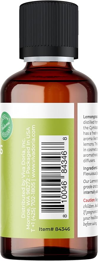 Viva Doria Lemongrass Essential Oil, 100% Pure, Natural Lemongrass Essential Oil, Undiluted, for Aromatherapy | Food Grade, 30 mL (1 Fluid Ounce)