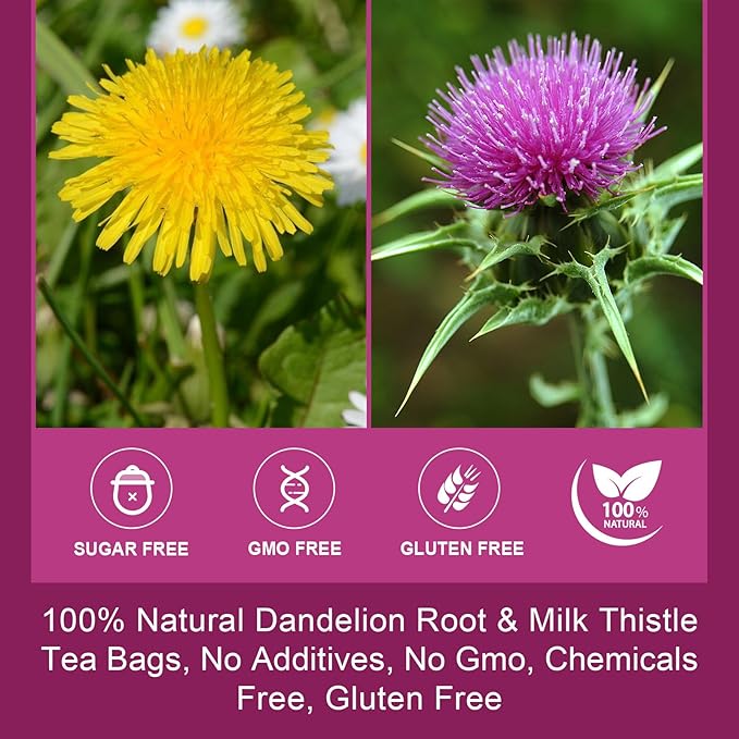 Dried Dandelion Root with Milk Thistle Tea - Natural Dandelion Root and Milk Thistle Herbal Tea bags for Liver Cleanse, Antioxidant and Immune Support, Caffeine Free - 30 Tea Bags