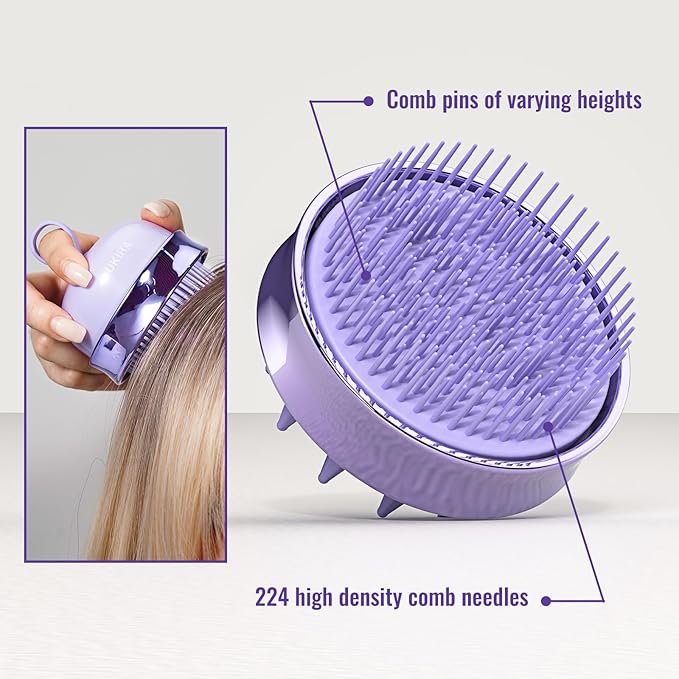 2 in 1 Scalp Massager Shampoo Brush with Soft Silicone Bristles for Hair Growth and Dandruff Removal, Hair Brush Head Massager Scalp Scrubber Exfoliator for Both Wet and Dry Use (Purple)