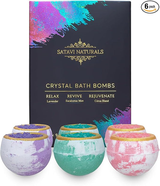 Crystal Bath Bombs (6 Pack) Luxurious Aromatherapy Bath Bombs Enriched with Nourishing Bath Salts for Silky Smooth Skin & Pleasantly Scented for an Immersive Zen-Like Experience