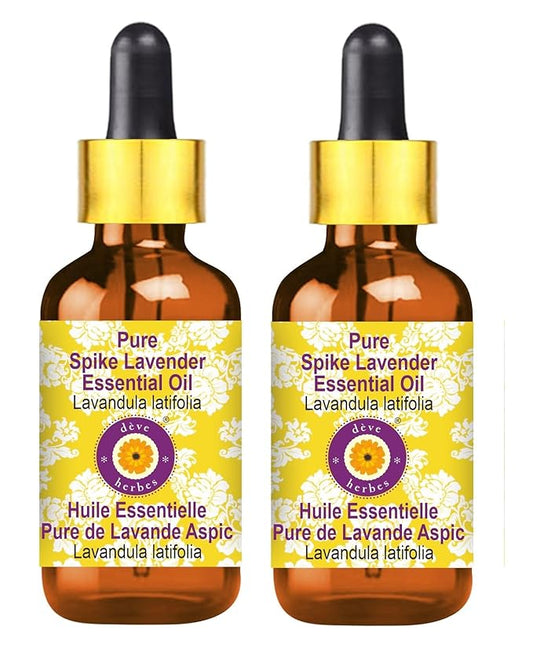 Deve Herbes Pure Spike Lavender Essential Oil (Lavandula latifolia) with Glass Dropper Steam Distilled (Pack of Two) 100ml X 2 (6.76 oz)
