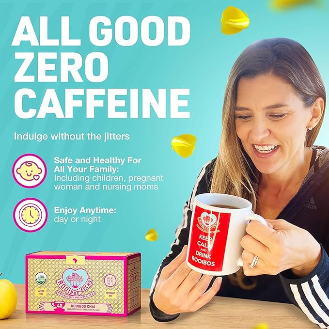 Caffeine Free Chai Rooibos 40 Tea Bags – Ethically Farmed, USDA Organic Chai Tea Bags - South African Red Bush Caffeine Free Chai Tea in Tagless Teabags - Refreshing, Naturally Sweet Ultra Low Tannin