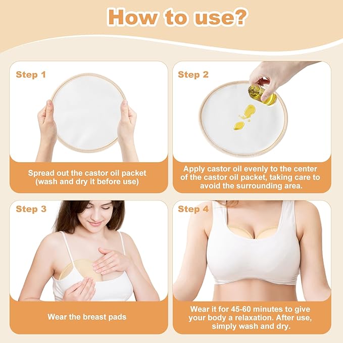 Castor Oil Pack for Breast, 4 PCS Reusable Organic Castor Oil Pack Wrap,Soft Breast Pads for Relaxing Sleeping (Oil Not Included) - White+Khaki