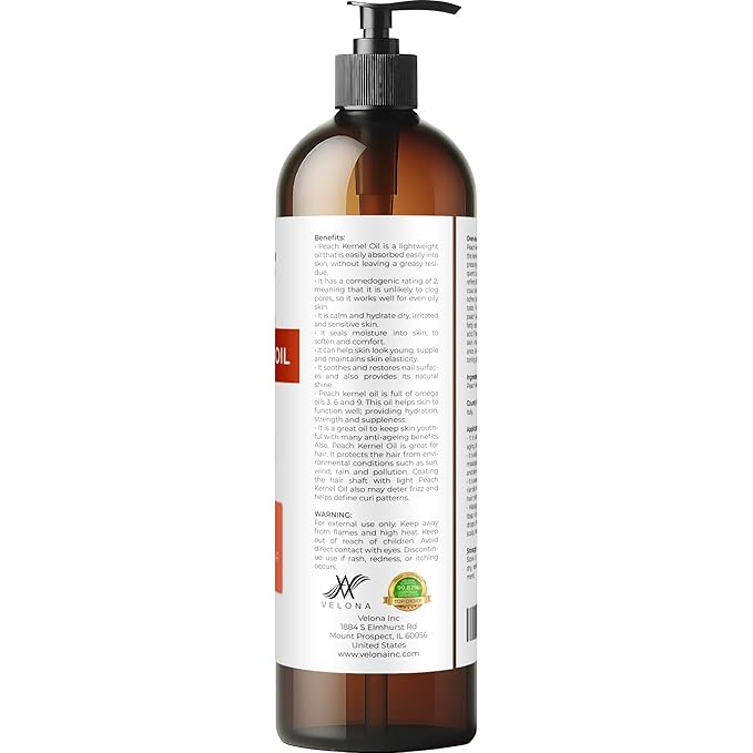 Peach Kernel Oil by Velona - 8 Fl Oz | 100% Pure and Natural Carrier Oil | Refined, Cold Pressed | Cooking, Skin, Hair, Body & Face Moisturizing | Use Today - Enjoy Results