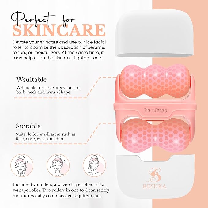 Ice Roller for Face and Eyes Facial Skin Care Tool 2-in-1 Ice Roller for Face & Eyes - Reduces Puffiness, Relieves Migraines, with Travel Case - Ideal Gift for Women (Pink)