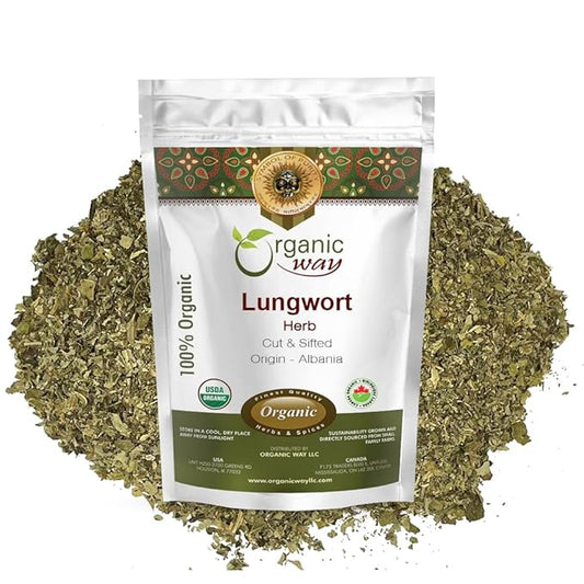 Organic Way Lungwort Dried Leaves (Pulmonaria officinalis) Cut & Sifted - Herbal Tea | Organic & Kosher Certified | Raw, Vegan, Non GMO & Gluten Free | USDA Certified | Origin - Albania (8 Ounce)