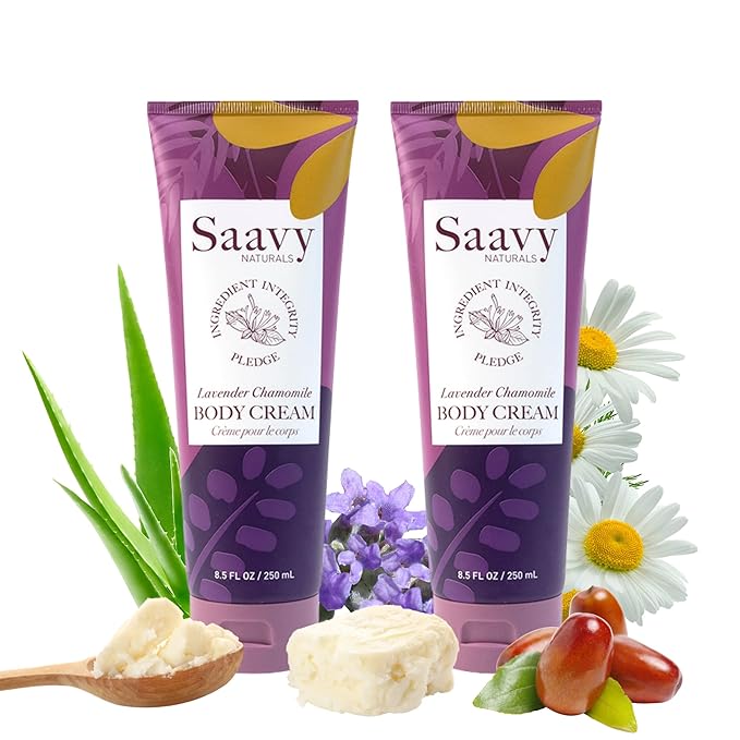 Saavy Naturals Lavender Chamomile Body Cream for Women, Absorbent Shea Butter Vegan Formula for Women, Thick and Creamy, Naturally Scented Body Butter for Dry Skin, 8.5 Oz, 2 Pack