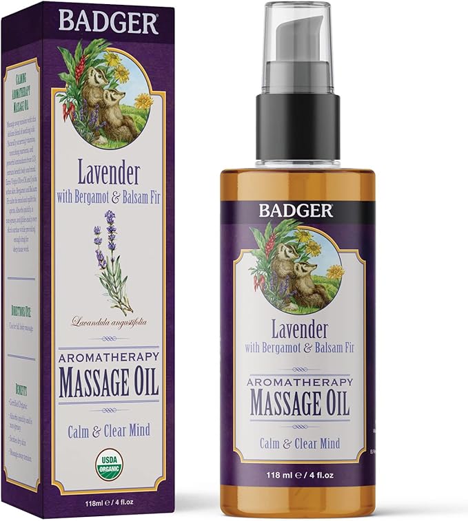 Badger Lavender Massage Oil, 100% Organic Massage Oil, Relaxing & Moisturizing Pure Aromatherapy Oils of Lavender, Bergamot & Balsam Fir, 4 fl oz Glass Bottle