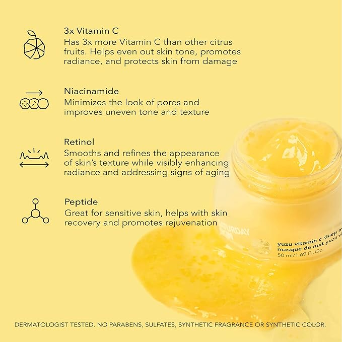 Saturday Skin Yuzu Vitamin C Sleep Mask Regenerist Retinol Ultra Rich Face Moisturizer Cream Smooth Skin and Reduce Wrinkles Ideal for All Skin Types