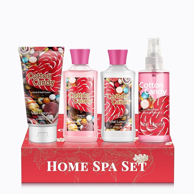 Cotton Candy Bath & Body Kit,3 Fl Oz-4PCS, Home Spa Set Including Body Lotion, Shower Gel, Body Cream, and Fragrance Mist-Ideal Skincare Gift