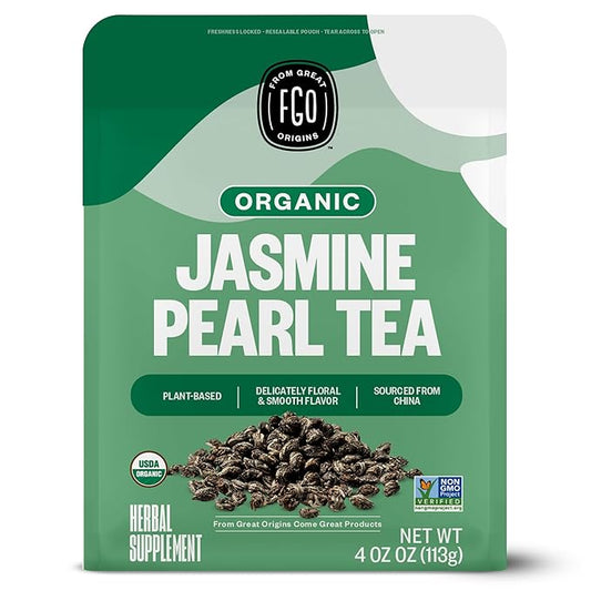 FGO Organic Jasmine Pearl Green Tea, Four Ounce, Loose Leaf, Resealable Bag, Packaging May Vary (Pack of 1)