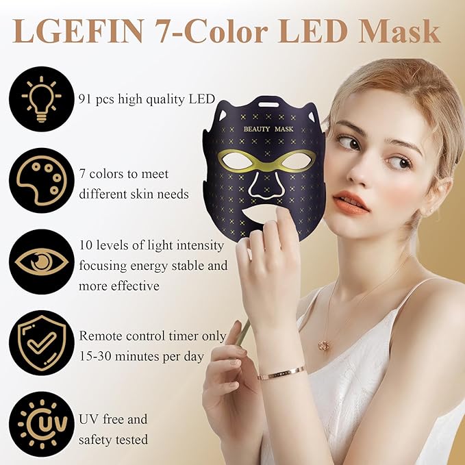 Red Light Therapy For Face,Led Face Mask Light Therapy, 7 Color Red Light Therapy Mask, Rechargeable,Portable,Household Led Face Mask (Black)