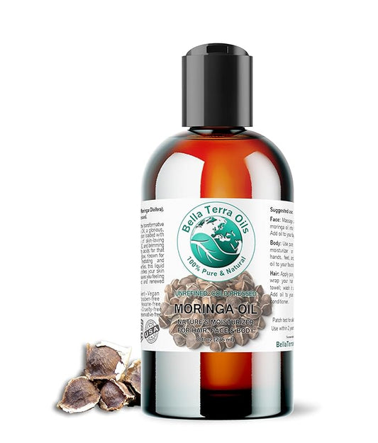 Bella Terra Oils - Organic Moringa Seed Oil 8 oz - Dive into the Essence of Organic Moringa, Rich in Unsaturated Fatty Acids, Elevate Your Skin's Softness and Glow