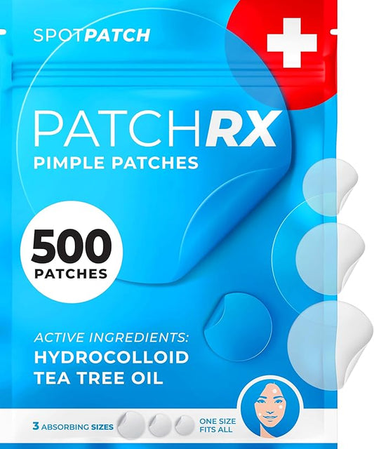 PatchRx Pimple Patches for Face (500 Patches), Hydrocolloid Acne Patches with Tea Tree Oil, Pimple Patch Pimple Stickers - Hydrocolloid Patch Acne Dots - Acne Pimple Patches For Face - Zit Patches
