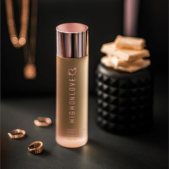 HIGHONLOVE Natural Body Oil with Hemp Seed, Grape Seed, and Vitamin E Oil - Moisturizing Body Oil, Non-Greasy, Glowy Finish (120 ml) (Decadent White Chocolate)