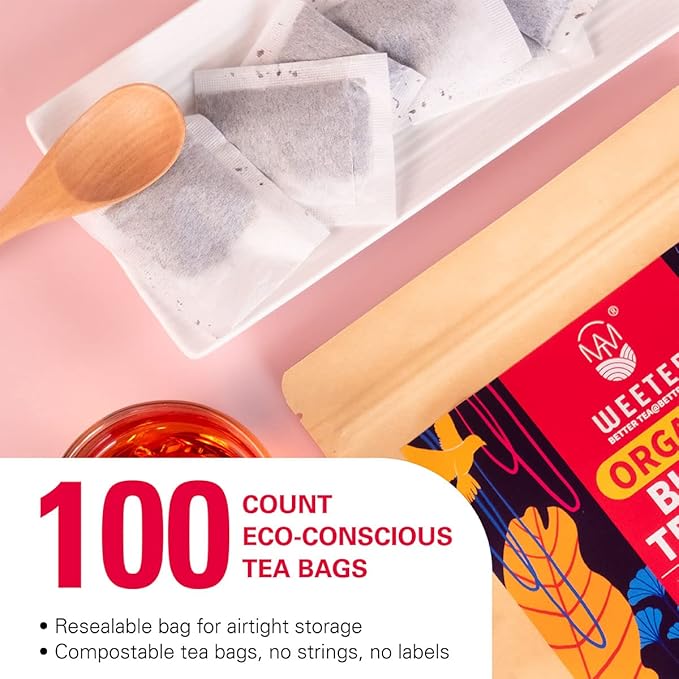 WT WEETEE Organic Black Tea Bags, Organic Black Tea 200 Count, Antioxidant, Caffeinated | Resealable Kraft Bag | Brew Hot or Iced