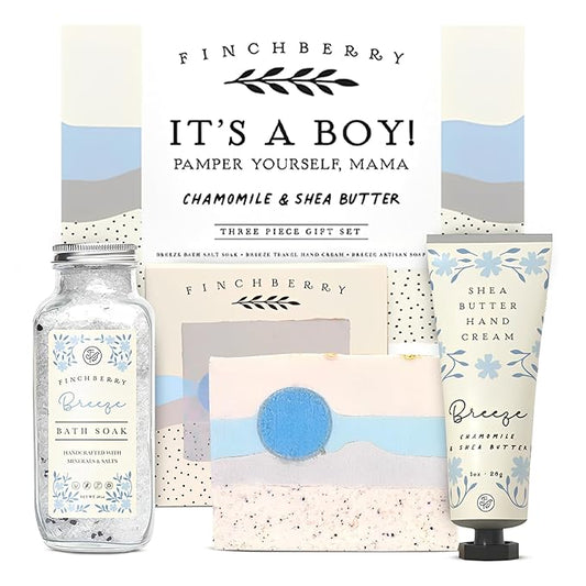 FinchBerry 3-Piece Gift Set – It’s A Boy! Baby Boy Shower Gift, New Mom Care Package & First-Time Mom Gifts! Includes Handmade Shea Butter Soap (4.5oz), Bath Soak (20oz) & Nourishing Hand Cream (1oz)