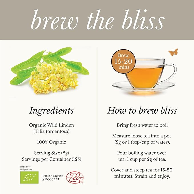 Wild Bliss Organic Linden Flower Tea - Caffeine Free Loose Leaf Calming Herbal Tea - 8.8 Ounces - 125 Servings