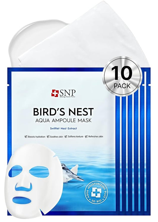 SNP [K Beauty Bird's Nest Ampoule Sheet Mask | Hyaluronic Acid Sheet Mask | Maximum Hydration and Protection for All Dry Skin Types | Korean Skincare Facial Mask | 10 Sheets