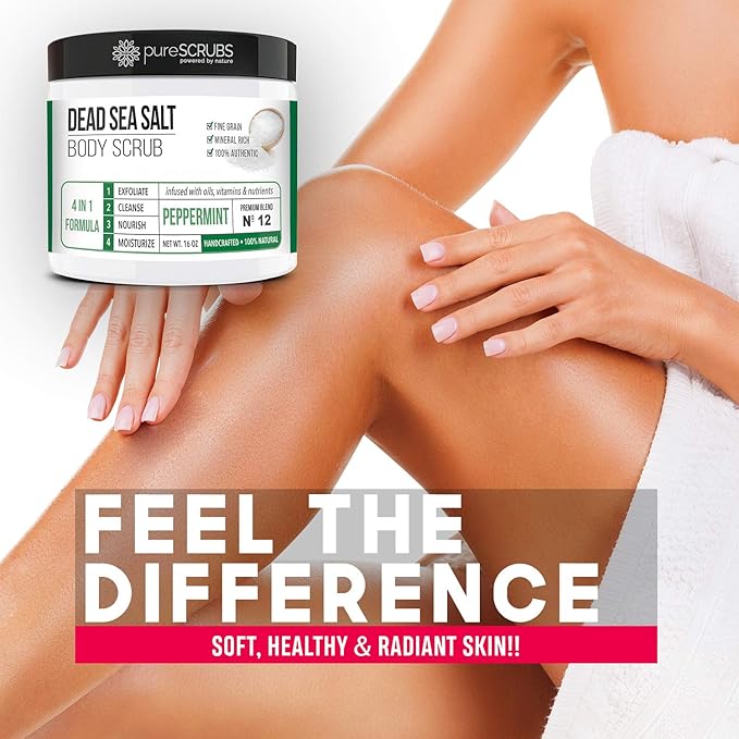 pureSCRUBS Premium Sea Salt Body Scrub Set - Large 16oz Peppermint Scrub With Infused Essential Oils & Nutrients, Includes Wooden Spoon, Loofah & Oatmeal Exfoliating Bar Soap