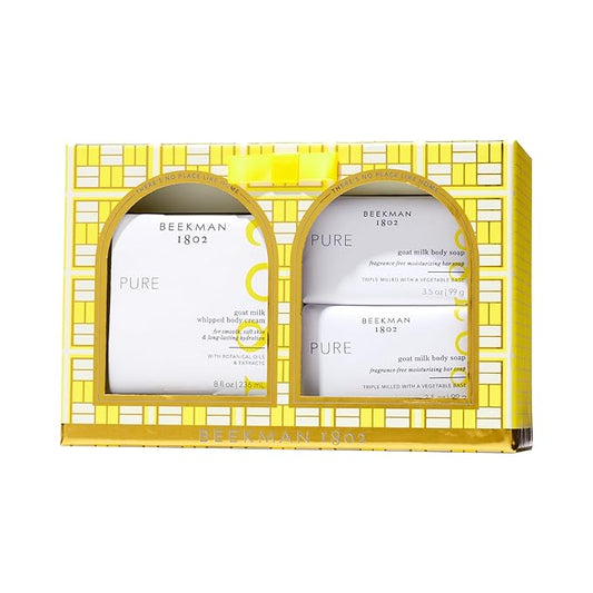 Beekman 1802 Pure Bliss Bodycare Gift Set - Set of 3 - Unscented - Cleanses, Moisturizes & Hydrates - With Lactic Acid & Mango Seed Butter - Good for Sensitive Skin - Cruelty Free