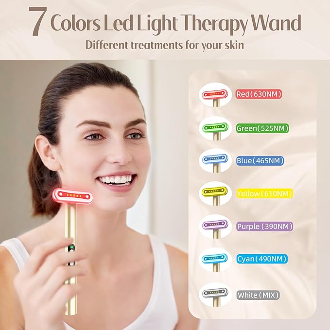 Red-Light-Therapy-Wand-for-Face, 7 Colors LED Light Therapy Wand Eye Facial Red & Blue Rejuvenation Tool, Face Massager, Golden