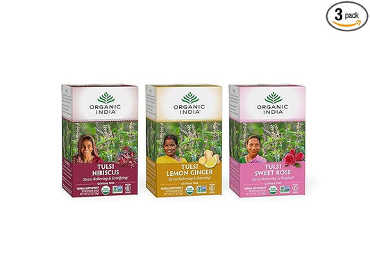 Organic India Iced Tulsi Tea Bags Variety Pack - Assorted Tea, Holy Basil, Hibiscus, Lemon Ginger, Sweet Rose - Adaptogen, Vegan, USDA Certified Organic, Non-GMO - 18 Infusion Bags per Box (Pack of 3)