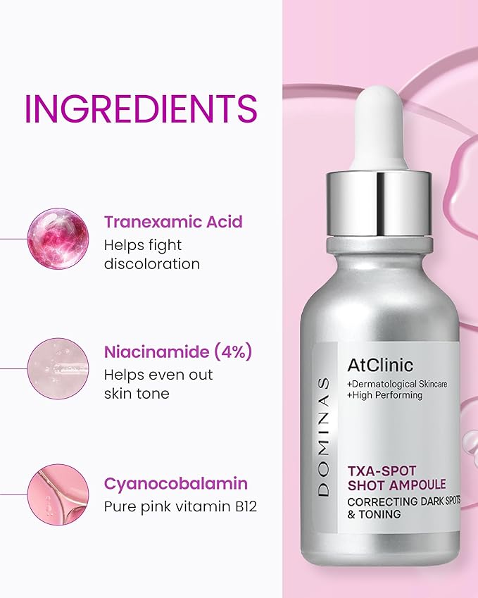 AtClinic Tranexamic Acid Pink Serum (1fl oz) - Improve Skin Tone and Hyperpigmentation, Ampoule for All Skin Types. Korean Skin Care. Niacinamide