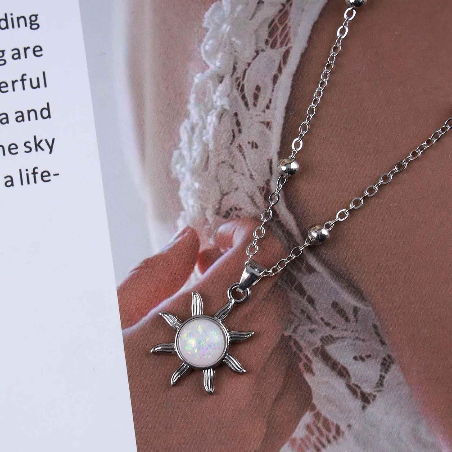 Vintage Opal Crystal Sun Pendent Necklace Opal Sunburst Necklace Moonstone Sun Choker Necklace Gold Ball Chain Necklace Jewelry for Women (Gold)